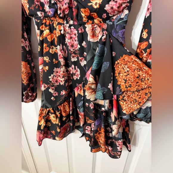 Torn Boston Proper Floral Wrap Mini Dress in Black with Pink & Orange Blooms XS - Picture 4 of 14